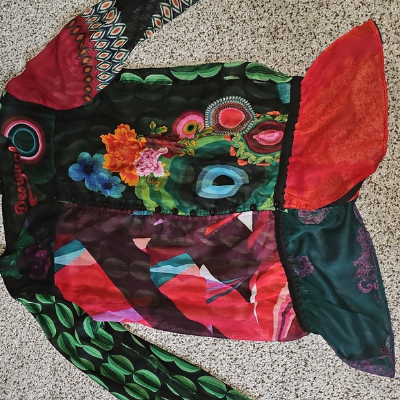 Desigual Funky Boho Colorful Patchwork Long Sleeve Sheer Blouse Top Xl - Picture 3 of 10